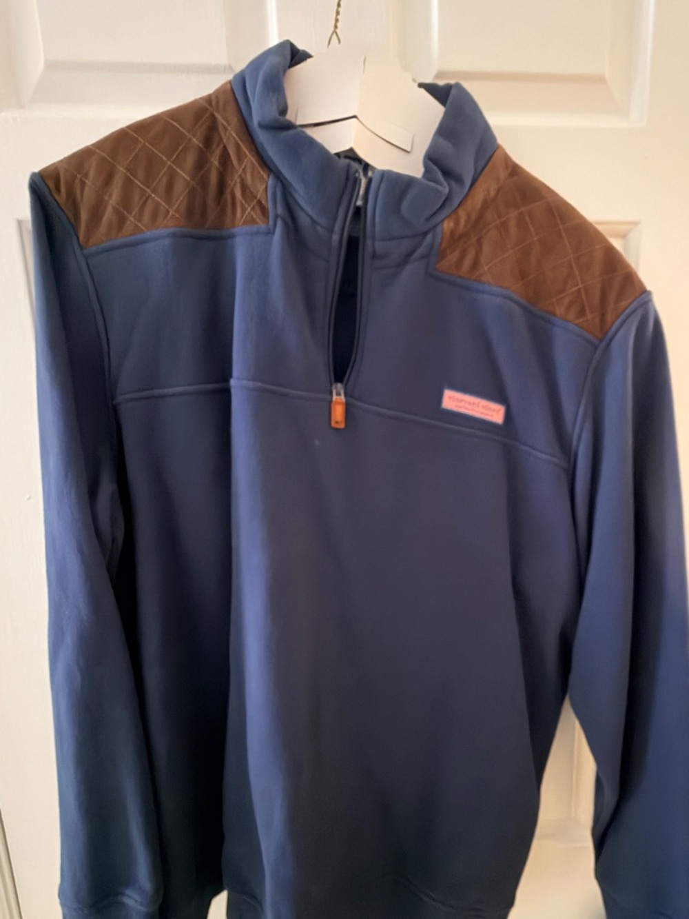 Vineyard Vines Blue Fleece Jacket with Brown Quilted Yoke